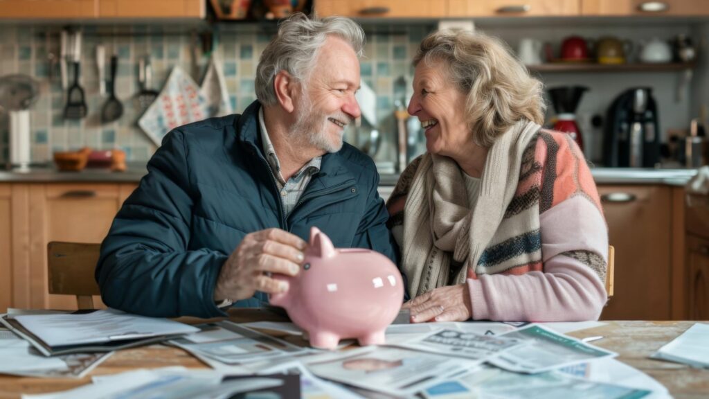 Elderly couple with piggy bank