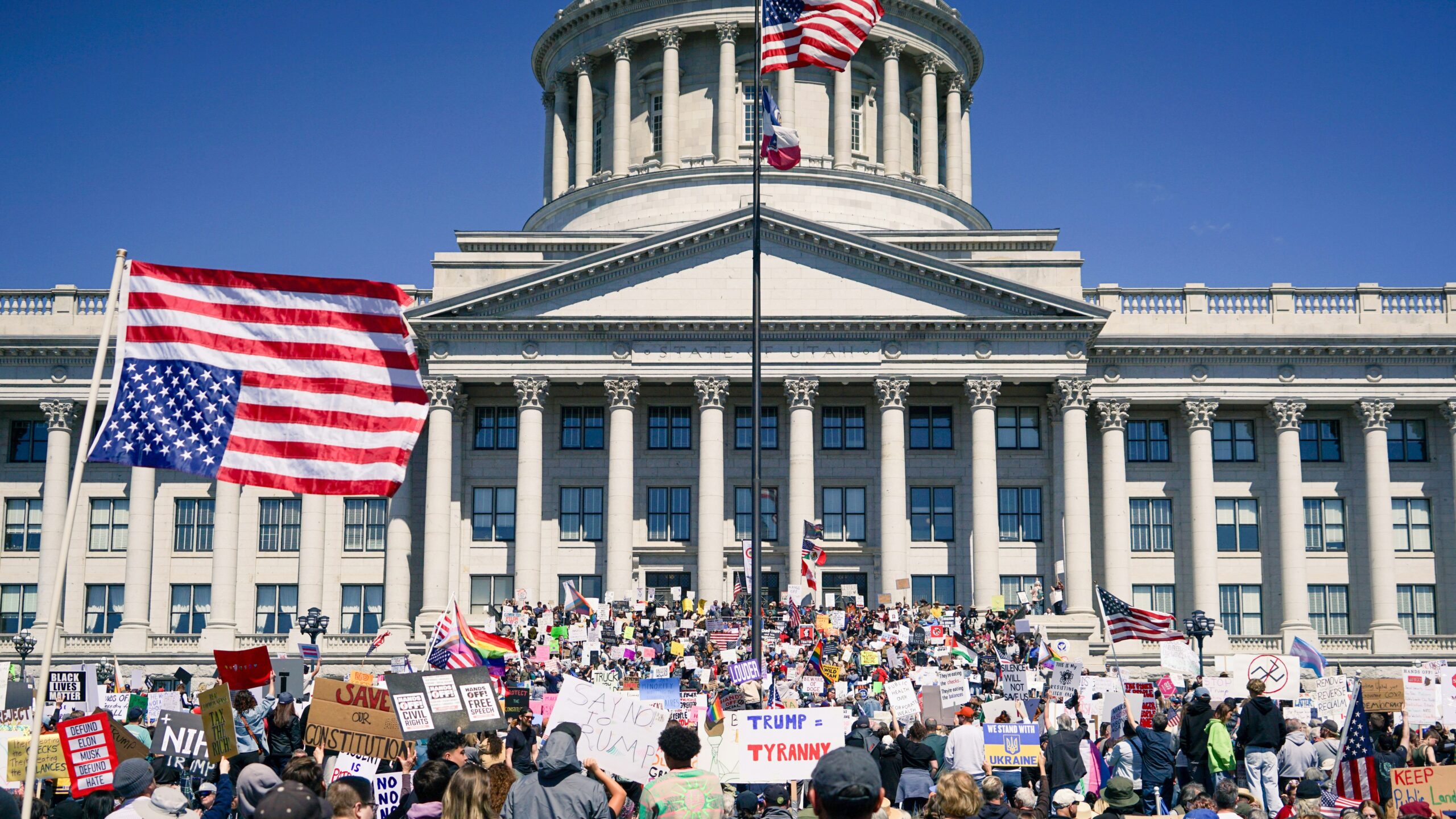 Protestors gather at a government building. Protestors gather at a government building.