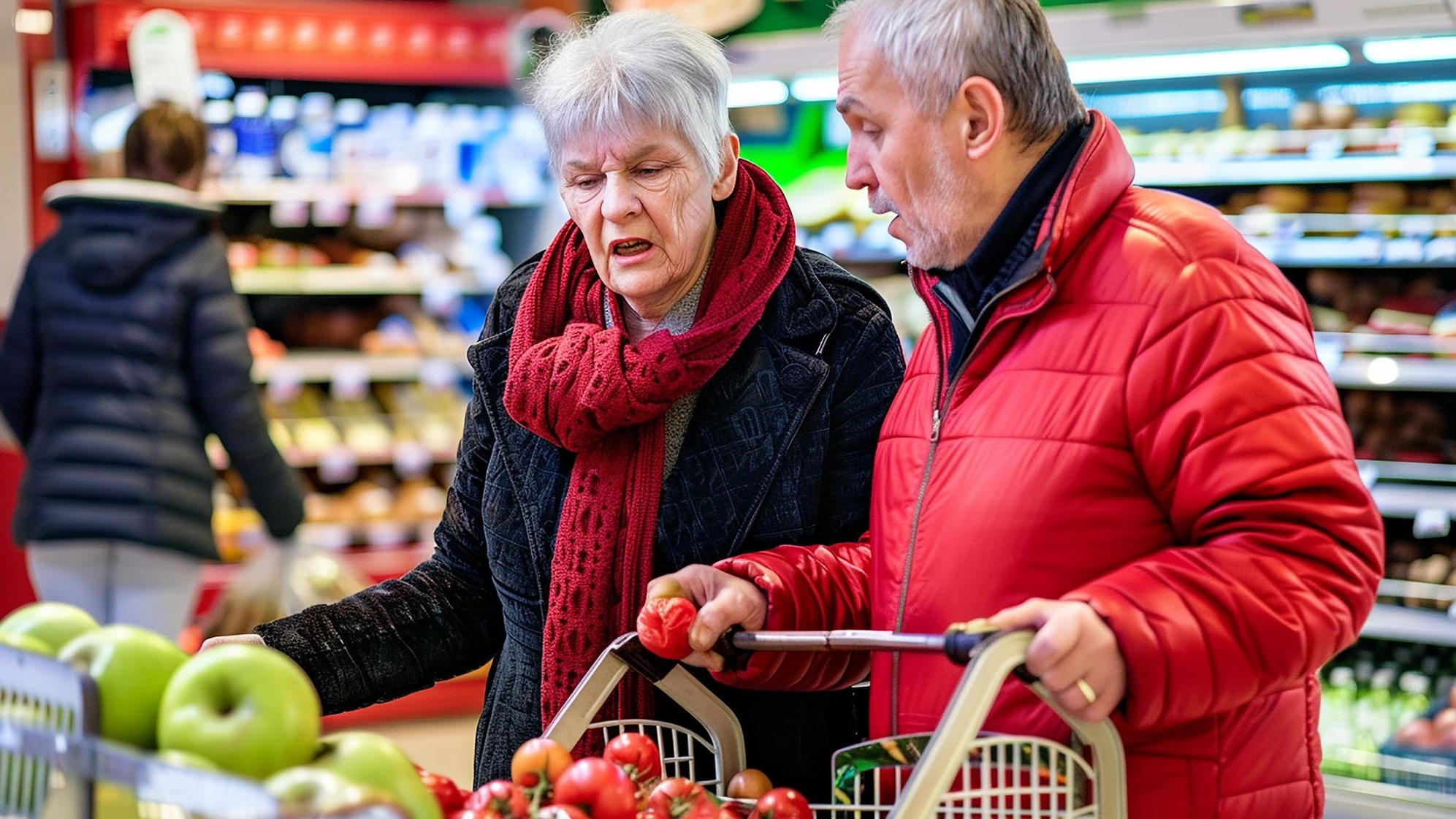 Older couple shopping for groceries and comparing