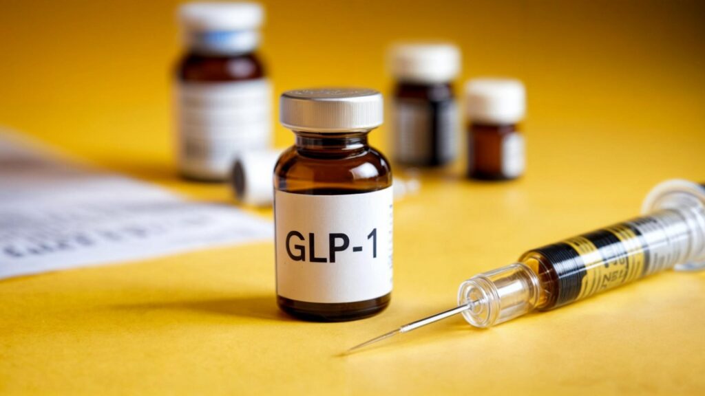 A vial labeled glp1 on a yellow background symbolizing medication