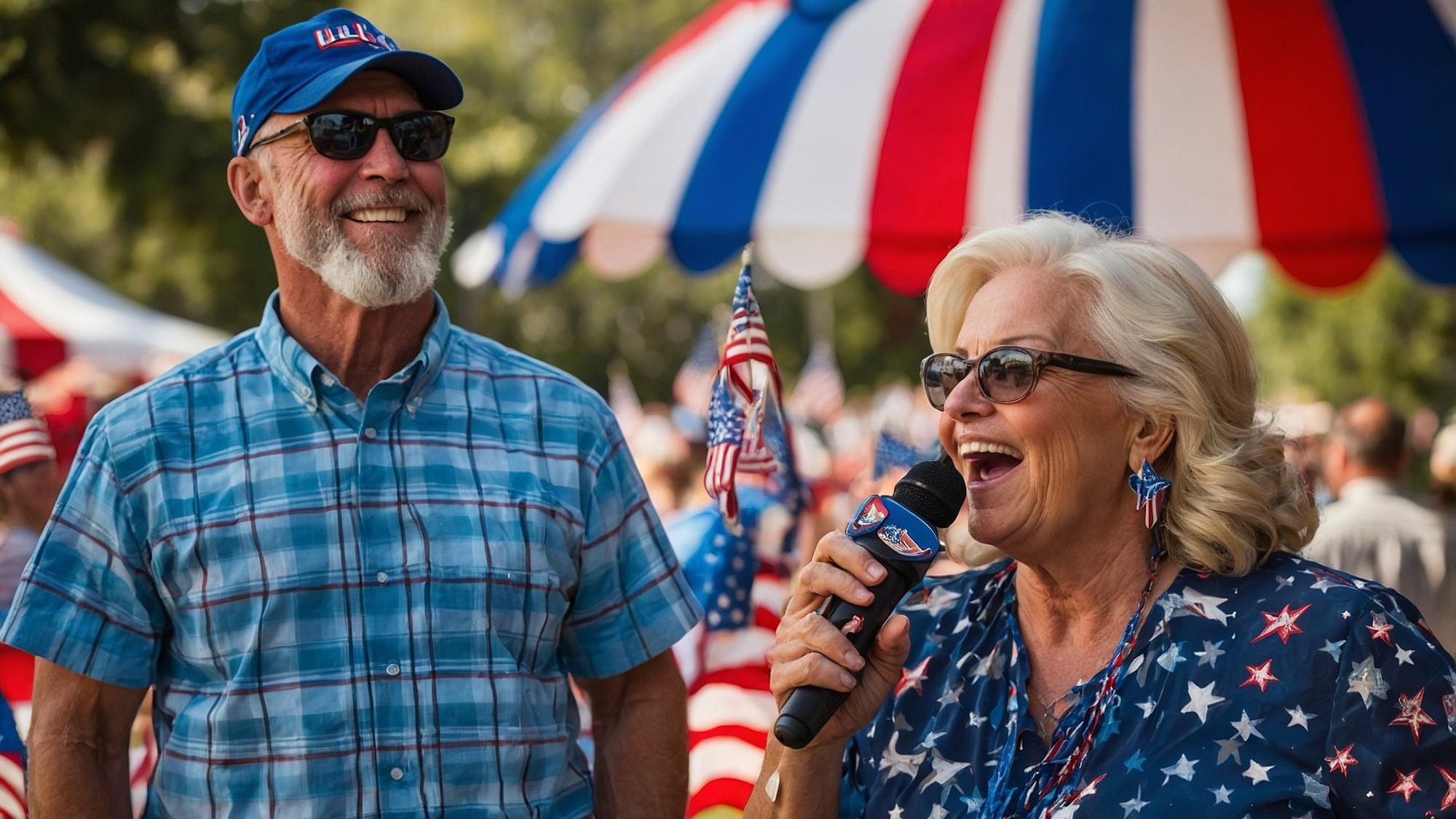 a man and woman are standing in front of an american flag