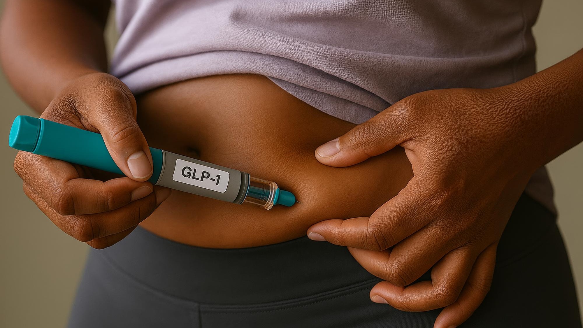 Close up showing woman self administering glp 1 receptor agonist injection into abdomen addressing weight management and diabetes treatment Close up showing woman self administering glp 1 receptor agonist injection into abdomen addressing weight management and diabetes treatment